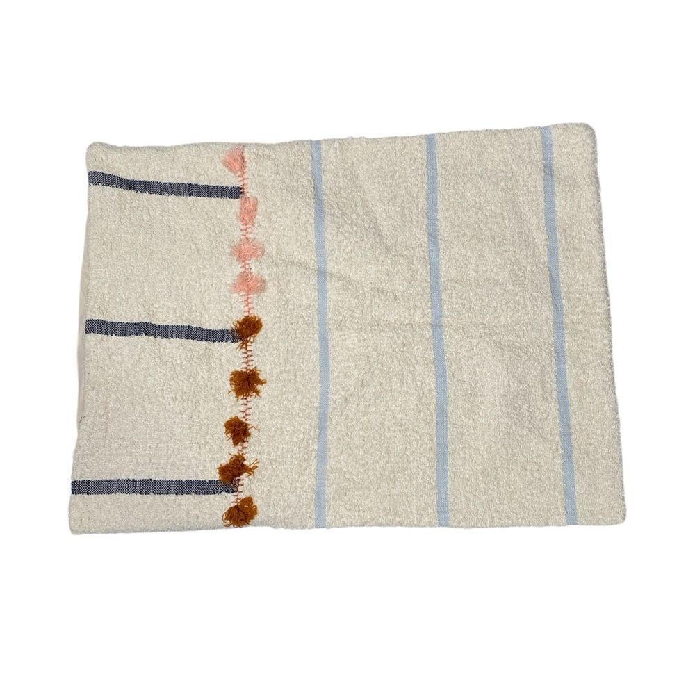 Anthropologie Textured Pillowcase Sham Cream Blue Striped Pom Pom Boho Cotton